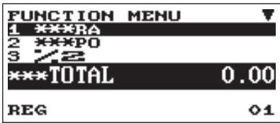 FUNCTION MENU 1 ****RA 2 ****PO 3 1/2 ***TOTAL 0.00 REG ◊1