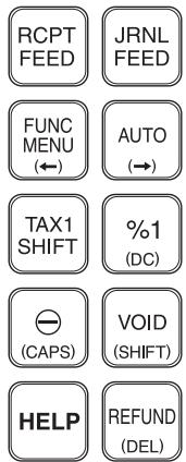 RCPT FEED JRNL FEED FUNC MENU (←) AUTO (→) TAX1 SHIFT %1 (DC) (CAPS) VOID (SHIFT) HELP REFUND (DEL)