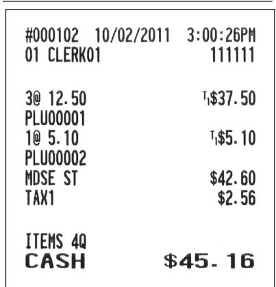 #000102 10/02/2011 3:00:26PM 01 CLERK01 111111 3@ 12.50 T$37.50 PLU00001 1@ 5.10 T$5.10 PLU00002 MDSE ST $42.60 TAX1 $2.56 ITEMS 4Q CASH $45.16
