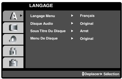 LANGUAGE Langage Menu ▶ Français Disque Audio ▶ Original Sous Titre Du Disque ▶ Arret Menu De Disque ▶ Original Deplacer▶ Sélection