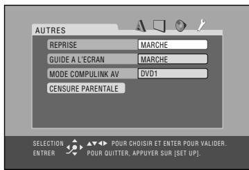 AUTRES REPRISE MARCHE GUIDE A L'ECRAN MARCHE MODE COMPULINK AV DVD1 CENSURE PARENTALE SELECTION POUR CHOSIR ET ENTER POUR VALIDER. ENTRER POUR QUITTER, APPUYER SUR [SET UP].