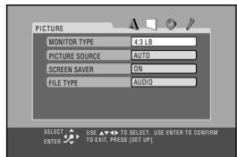 PICTURE MONITOR TYPE 4.3 LB PICTURE SOURCE AUTO SCREEN SAVER ON FILE TYPE AUDIO SELECT USE TO SELECT USE ENTER TO CONFIRM ENTER TO EXIT. PRESS (SET OP)