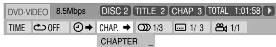 DVD-VIDEO 8.5Mbps DISC 2 TITLE 2 CHAP 3 TOTAL 1:01:58 TIME OFF CHAP. 1/3 1/3 1/1 CHAPTER _