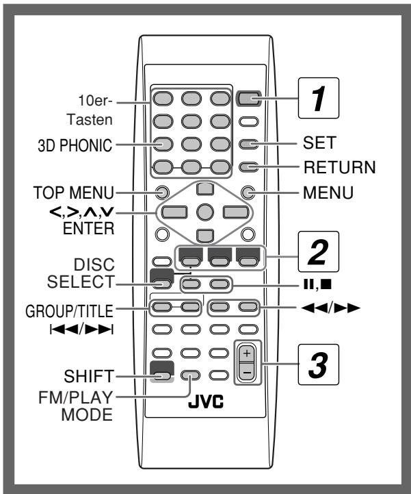 10er- Tasten 3D PHONIC TOP MENU <,>,^,v ENTER DISC SELECT GROUP/TITLE SHIFT FM/PLAY MODE JVC 1 SET RETURN MENU 2 II,■ ←/→ 3