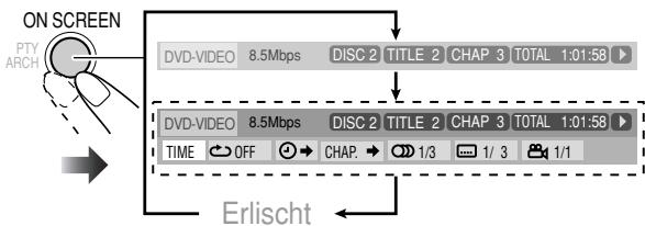 ON SCREEN DVD-VIDEO 8.5Mbps DISC 2 TITLE 2 CHAP 3 TOTAL 1:01:58 DVD-VIDEO 8.5Mbps DISC 2 TITLE 2 CHAP 3 TOTAL 1:01:58 TIME OFF CHAP 1/3 1/3 1/1 Erlischt