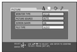 PICTURE MONITOR TYPE 43 LB PICTURE SOURCE AUTO SCREEN Saver OIL TILE TYPE AUDIO SELECT USE TO SELECT USE ENTER TO CONFIRM ENTER TO EXIT, PRESS (SET UP)