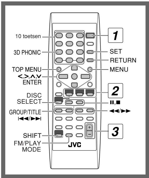 10 toetsen 3D PHONIC TOP MENU <,>,^,v ENTER DISC SELECT GROUP/TITLE SHIFT FM/PLAY MODE JVC 1 SET RETURN MENU 2 II,■ 3