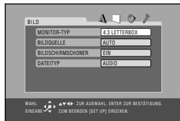 BILD MONITOR-TYP 4.3 LETTERBOX BILDOUELLE AUTO BILDSCHRMSSCHONER EIN DATEITYP AUDIO WALH. ZUR AUSWAHL. ENTER ZUR BESTÄTIGUNG. EINGARE ZUW BEENDEN (SET UP) DRÜCKEN.