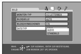 BILD MONITOR-TYP 4.3 LETTERBOX BILDQUELLE AUTO BILDSCHIRMSCHONER EIN DATEIYP AUDIO STANDBILD WAHL. ZUR AUSWAL, ENTER ZUR RESTÄTIGUNG. EINGARE ZUH REINDEN (SET UP) CHUCKEN.
