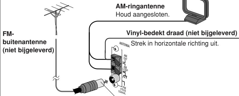 FM- buitenantenne (niet bijgeleverd) AM-ringantenne Houd aangesloten. Vinyl-bedekt draad (niet bijgeleverd) Strek in horizontale richting uit.