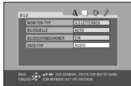 BILD MONITOR-TYP 4.3 LETTERBOX BILDOUELLE AUTO BILDSCHRMSSCHONER EIN DATEITYP AUDIO WHAHL ENGABE ZUIR AUSWAHL ENTER ZUR BESTÄTIGUNG. ZUIR BEENDEN (SET UP) CHUCKEN.
