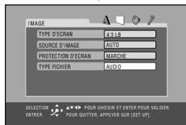 IMAGE TYPE D'ECRAN 43 LB SOURCE D'IMAGE AUTO PROTECTION D'ECRAN MARCHE TYPE RICHER AUDIO SELECTION → ✦️ POUR CHOSISIE ET ENTER POUR VALIDER. ENTREER POUR QUITTER APPUYER SUR [SET UP]