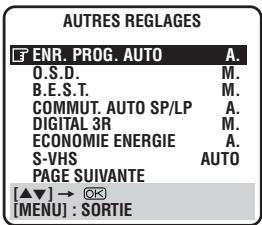 AUTRES REGLAGES ENR. PROG. AUTO A. O.S.D. M. B.E.S.T. M. COMMUT. AUTO SP/LP A. DIGITAL 3R M. ECONOMIE ENERGIE A. S-VHS AUTO PAGE SUIVANTE [▲▼] → ⚙ [MENU] : SORTIE