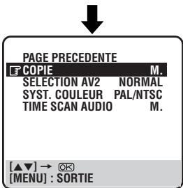 PAGE PRECEDENTE COPIE M. SELECTION AV2 NORMAL SYST. COULEUR PAL/NTSC TIME SCAN AUDIO M. [▲▼] → ⬆ [MENU] : SORTIE