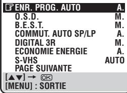 ENR. PROG. AUTO O.S.D. B.E.S.T. COMMUT. AUTO SP/LP DIGITAL 3R ECONOMIE ENERGIE S-VHS PAGE SUIVANTE [▲▼] → OK [MENU] : SORTIE