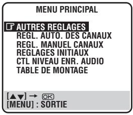 MENU PRINCIPAL Ê AUTRES REGLAGES REGL. AUTO. DES CANAUX REGL. MANUEL CANAUX REGLAGES INITIAUX CTL NIVEAU ENR. AUDIO TABLE DE MONTAGE [▲▼] → Ⓧ [MENU] : SORTIE
