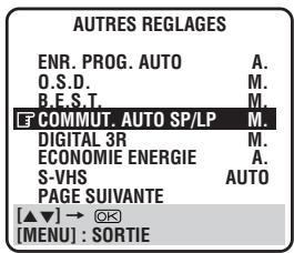 AUTRES REGLAGES ENR. PROG. AUTO A. O.S.D. M. B.F.S.T. M. COMMUT. AUTO SP/LP M. DIGITAL 3R M. ECONOMIE ENERGIE A. S-VHS AUTO PAGE SUIVANTE [▲▼] → ⚙ [MENU] : SORTIE