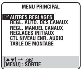 MENU PRINCIPAL E AUTRES REGLAGES REGL. AUTO. DES CANAUX REGL. MANUEL CANAUX REGLAGES INITIAUX CTL NIVEAU ENR. AUDIO TABLE DE MONTAGE [▲▼] → ⏻ [MENU] : SORTIE