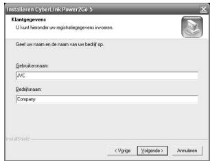 JVC CU-VD3EX - Vul de "Gebruikersnaam" en "Bedrijfnaam" in en klikervolgens op "Volgende". - 1