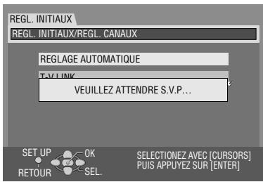 REGL. INITIAUX REGL. INITIAUX/REGL. CANAUX REGLAGE AUTOMATIQUE T-V-LINK VEUILLEZ ATTENDRE S.V.P... SET UP OK RETOUR SEL. SELECTIONEZ AVEC [CURSORS] PUIS APPUYEZ SUR [ENTER]