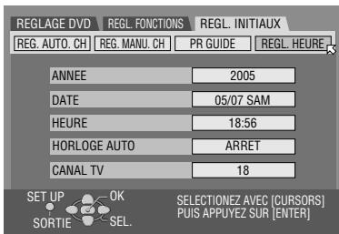 REGLAGE DVD REG. AUTO. CH REG. MANU. CH PR GUIDE REGL. INITIAUX ANNEE DATE HEURE HORLOGE AUTO CANAL TV 2005 05/07 SAM 18:56 ARRET 18 SET UP OK SELECTIONEZ AVEC [CURSORS] SORTIE SEL. PUIS APPUYEZ SUR [ENTER]