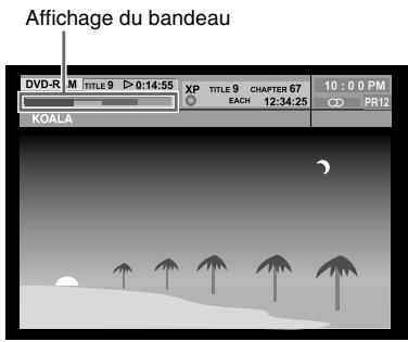 Affichage du bandeau DVD-R M title 9 >0:14:55 XP titles 9 CHAPTER 67 10:00 PM KOALA EACH 12:34:25 PR12