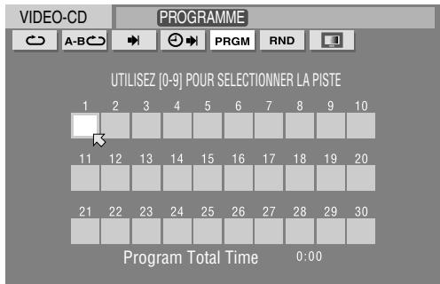VIDEO-CD PROGRAMME A-B PRGM RND UTILISEZ [0-9] POUR SELECTIONNER LA PISTE 1 2 3 4 5 6 7 8 9 10 11 12 13 14 15 16 17 18 19 20 21 22 23 24 25 26 27 28 29 30 Program Total Time 0:00