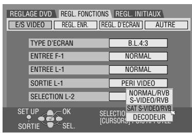 REGLAGE DVD E/S VIDEO REGL. ENR. REGL. INITIAUX AUTRE TYPE D'ECRAN B.L.4:3 ENTREE F-1 NORMAL ENTREE L-1 NORMAL SORTIE L-1 PERI VIDEO SELECTION L-2 NORMAL/RVB S-VIDEO/RVB SAT S-VIDEO/RVB DECODEUR SET UP OK SELECTIO (CURSOR) SORTIE SEL.