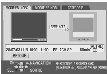 MODIFIER INDEX MODIFIER NOM CATEGORIE 00:00:21 REEMPLACER 00:05:00 28/07/03 LUN 10:00 - 11:00 PR. 7CH SP 60min [AUTRE] RETOUR OK NAVIGATION SEL. SORTIE SELECTIONNEZ LA SEQUENCE AVEC [PLAY/PAUSE etc.], PUS APPUYEZ SUR [ENTER]