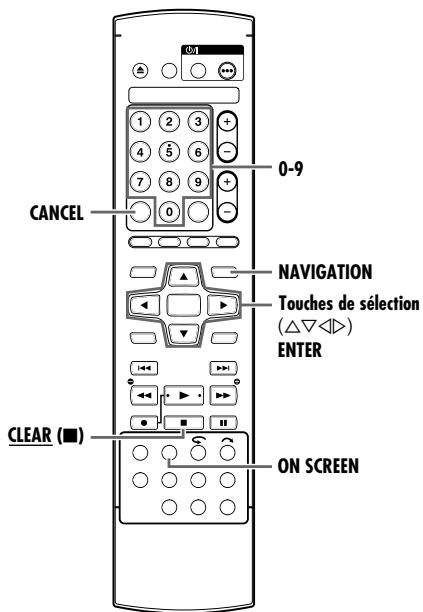 CANCEL 0-9 NAVIGATION Touches de sélection (△▽◀) ENTER CLEAR (■) ON SCREEN