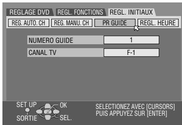 REGLAGE DVD REG. AUTO.CH REG. MANU.CH PR GUIDE REGL. HEURE NUMERO GUIDE 1 CANAL TV F-1 SET UP OK SORTIE SEL. SELECTIONZ AVEC (CURSORS) PUIS APPUYEZ SUR [ENTER]