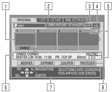 ORIGINAL LISTE DE LECTURE BIBLI[OTHEQUE] 0001 TEMPS RESTANT 87min(SP) 1/6 DANCE DANCE CURNIV [AUTRE] 28/07/03 LUN 10:00 - 11:00 PR. 7CH SP 60min (C) MODIFIER SUPPRIMER COUPER PROTEGER OK NAVIGATION SELECTIONEZ AVEC [CURSORS] SEL SORTIE PUIS APPUYEZ SUR [ENTER] 6 7 8