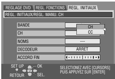 REGLAGE DVD REGL. FONCTIONS REGL. INITIAUX REGL. INITIAUX/REGL. MANU. CH BANDE CH NOMS DECODEUR ACCORD FIN SET UP OK RETOUR SEL. CH CC ---- ARRET SELECTIONEZ AVEC [CURSORS] PUIS APPUYEZ SUR [ENTER]