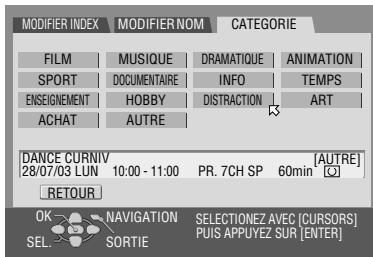 MODIFIER INDEX MODIFIER NOM CATEGORIE FILM MUSIQUE DRAMATIQUE ANIMATION SPORT DOCUMENTAIRE INFO TEMPS ENSEIGNEMENT HOBBY DISTRACTION ART ACHAT AUTRE DANCE CURNIV 28/07/03 LUN 10:00 - 11:00 PR. 7CH SP 60min [AUTRE] [OUT] RETOUR OK NAVIGATION SELECTIONEZ AVEC [CURSORS] PUIS APPUYEZ SUR [ENTER] SEL. SORTIE