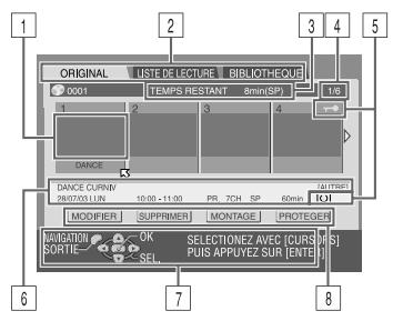 ORIGINAL LISTE DE LECTURE BIELIOTHÉQUE 0001 TEMPS RESTANT 8mm(SP) 1/6 DANCE DANCE CURRY 28/07/03.UN 10:00 - 11:00 PR. 7CH. SP 60min MODIFIER SUPPRIMER MONTAGE PROTEGER NAVIGATION SORTIE OK SELECTIONZ AVEC [CURS W/S] SEL PUS APPUYEZ SUR [ENTER] 1 2 3 4 5 6 7 8