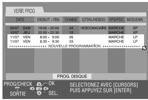 VERE PROG DATE DEBUT - FIN CHANE QTDN.HEBDO VIPS/PDC MOLENUR 05/07 SAM 18:00-20:00 44 HEIDOMADARE MARCHE SP 10/07-JEU 22:00-22:30 10 MARCHE XP 11/07_VEN 8:00-9:00 26 MARCHE(LP 11/07_VEN 8:30-9:30 33 MARCHE(LP *************** NOUVELLE PROGRAMMATTON ********** PROG. DISQUE PROG/CHECK OK SELECTIONEZ AVEC (CURSORS) SORTIE SEL.PUIS APPUYEZ SUR [ENTER]