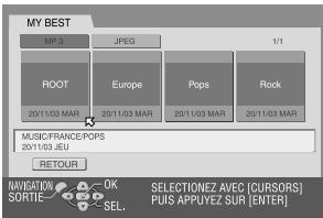 MY BEST MP 3 JPEG 1/1 ROOT Europe Pops Rock 20/11/03 MAR 20/11/03 MAR 20/11/03 MAR 20/11/03 MAR MUSICFRANCE:POPS 20/11/03 JEU RETURN NAVIGATION: SORTIE: OK SEL. SELECTIONZ AVEC (CURSORS) PUIS APPUYEZ SUR [ENTER]