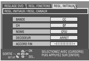REGLAGE DVD REGL. FONCTIONS REGL. INITIAUX REGL. INITIAUX / REGL. CANAUX BANDE GC CH 07 NOMS CFO2 DECODEUR ARRET ACCORD FIN -1111111111+ SORTIE OK SELECTIONEZ AVEC (CURSORS) SET UP SEL. PUIS APPUYEZ SUR [ENTER]