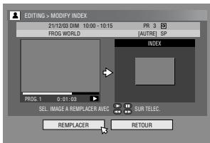 EDITING > MODIFY INDEX 21/12/03 DIM 10:00 - 10:15 PR 3 SP PROG WORLD [AUTRE] SP INDEX PROG 1 0:01:03 SEL IMAGE A REMPLACER AVEC SUR TELEC. REPLACER RETOUR