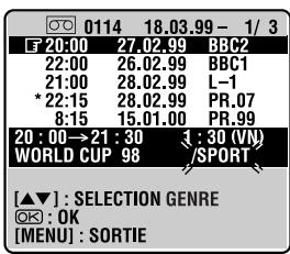 0114 18.03.99 - 1/3 20:00 27.02.99 BBC2 22:00 26.02.99 BBC1 21:00 28.02.99 L-1 * 22:15 28.02.99 PR.07 8:15 15.01.00 PR.99 20 : 00 → 21 : 30 3 : 30 (VN) WORLD CUP 98 SPORT [▲▼] : SELECTION GENRE OK : OK [MENU] : SORTIE