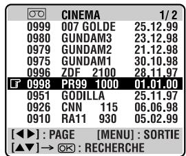 CINEMA 1/2 0999 007 GOLDE 25.12.99 0980 GUNDAM3 23.12.98 0979 GUNDAM2 21.12.98 0975 GUNDAM1 30.10.98 0996 ZDF 2100 28.11.97 F 0998 PR99 1000 01.01.00 0951 GODILLA 25.11.97 0926 CNN 115 06.06.98 0910 RA11 930 05.02.99 [◀] : PAGE [MENU] : SORTIE [▲▼] → OK : RECHERCHE