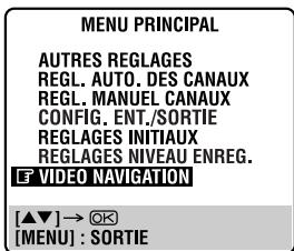MENU PRINCIPAL AUTRES REGLAGES REGL. AUTO. DES CANAUX REGL. MANUEL CANAUX CONFIG. ENT./SORTIE REGLAGES INITIAUX REGLAGES NIVEAU ENREG. F VIDEO NAVIGATION [▲▼] → OK [MENU] : SORTIE