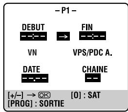 - P1 - DEBUT FIN VN VPS/PDC A. DATE CHAINE [+/-] → OK [O] : SAT [PROG] : SORTIE