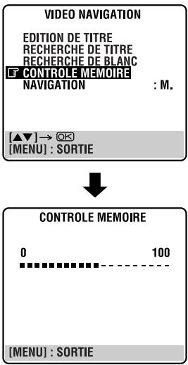 VIDEO NAVIGATION EDITION DE TITRE RECHERCHE DE TITRE RECHERCHE DE BLANC E CONTROLE MEMOIRE NAVIGATION : M. [▲▼] → ⚫ [MENU] : SORTIE ↓ CONTROLE MEMOIRE 0 100 [MENU] : SORTIE