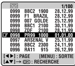 1/100 0999 BBC2 1900 28.12.99 0999 F1 BRAZIL 28.12.99 0999 007 GOLDE 25.12.99 0999 BBC1 2100 30.11.99 0998 ZDF 2100 28.11.99 F 0998 PR99 1000 01.01.00 0997 ARSENAL V 25.11.99 0996 BBC2 2300 24.11.99 0996 RA11 915 26.12.99 [◀▶]: PAGE [MENU]: SORTIE [▲▼]→ OK: RECHERCHE