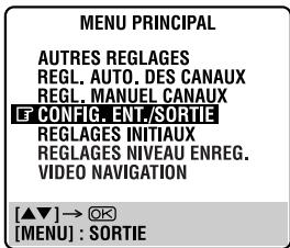 MENU PRINCIPAL AUTRES REGLAGES REGL. AUTO. DES CANAUX REGL. MANUEL CANAUX E CONFIG. ENI./SORTIE REGLAGES INITIAUX REGLAGES NIVEAU ENREG. VIDEO NAVIGATION [▲▼] → OK [MENU] : SORTIE