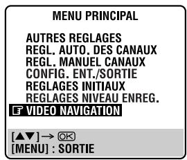MENU PRINCIPAL AUTRES REGLAGES REGL. AUTO. DES CANAUX REGL. MANUEL CANAUX CONFIG. ENT./SORTIE REGLAGES INITIAUX REGLAGES NIVEAU ENREG. F VIDEO NAVIGATION [▲▼] → OK [MENU] : SORTIE