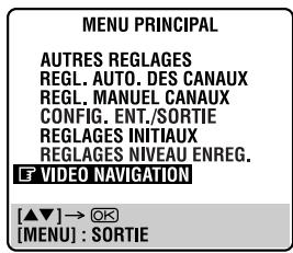 MENU PRINCIPAL AUTRES REGLAGES REGL. AUTO. DES CANAUX REGL. MANUEL CANAUX CONFIG. ENT./SORTIE REGLAGES INITIAUX REGLAGES NIVEAU ENREG. E VIDEO NAVIGATION [▲▼] → ⚠ [MENU] : SORTIE