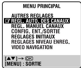 MENU PRINCIPAL AUTRES REGLAGES EN REGL. AUTO. DES CANAUX REGL. MANUEL CANAUX CONFIG. ENT./SORTIE REGLAGES INITIAUX REGLAGES NIVEAU ENREG. VIDEO NAVIGATION [▲▼] → OK [MENU] : SORTIE