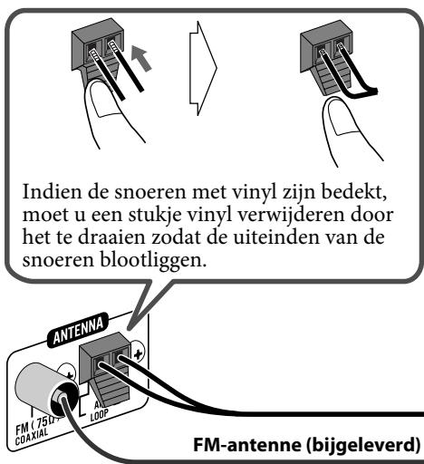 Indien de snoeren met vinyl zijn bedekt, moet u een stukje vinyl verwijderen door het te draaien zodat de uiteinden van de snoeren blootliggen. ANTENNA FM-antenne (bijgeleverd)